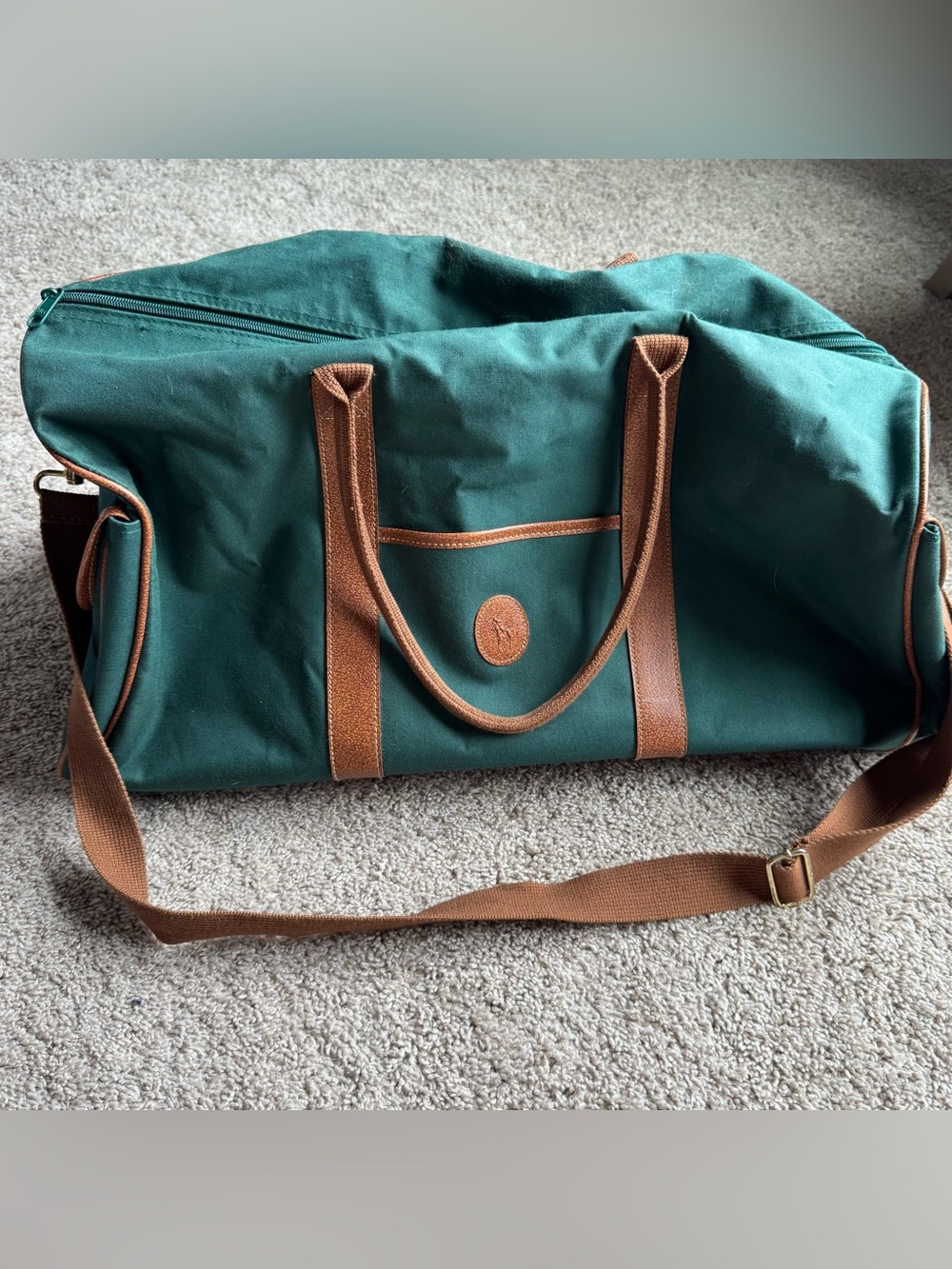 Polo Ralph Lauren Green Canvas Weekender Duffel Bag with Brown Trim